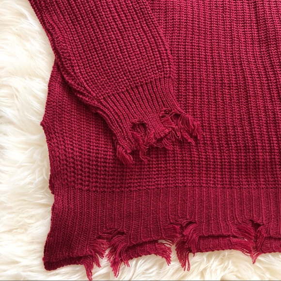 no comment Women’s Maroon Loose Knit Raw Edge Long Sleeve Pullover Sweater M - Picture 3 of 5